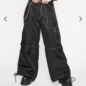 Dolls Kill Black Wide Leg Cargo Pants with White Contrast Stitching
